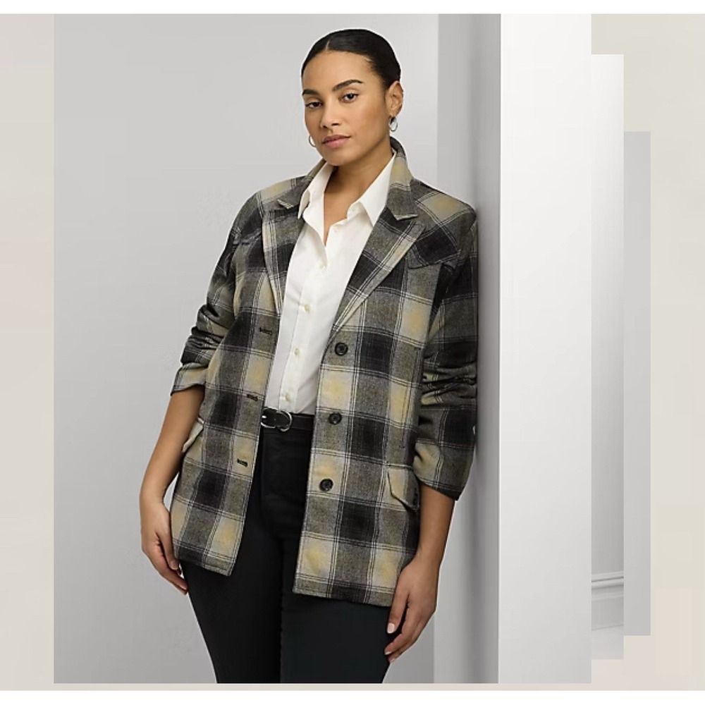 Lauren Ralph Lauren‎ Plaid Wool Blend Twill Jacket Woman Size 22W Black Gray NWT